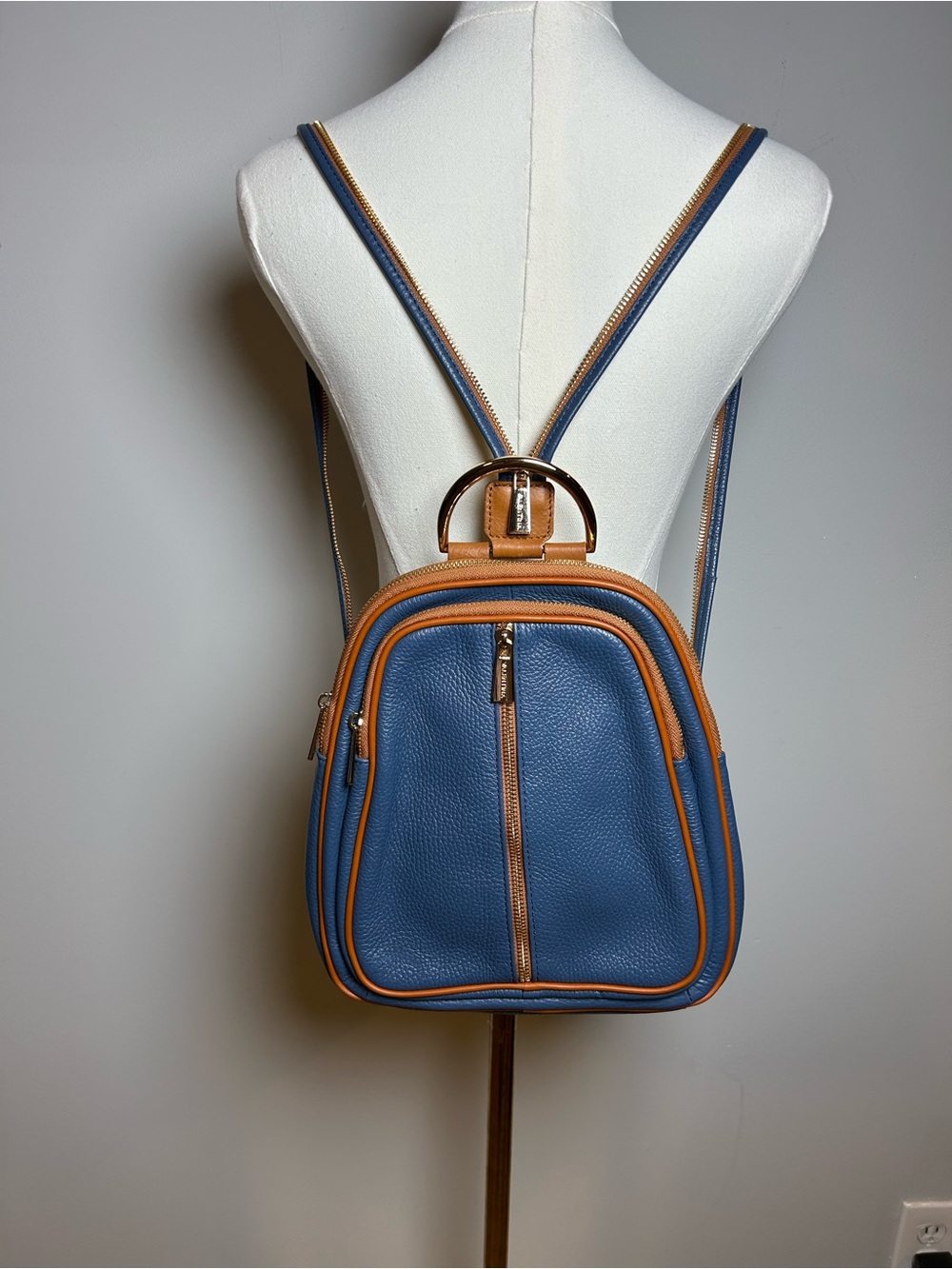 Valentina Italian leather convertible backpack sling blue tan made in Italy
